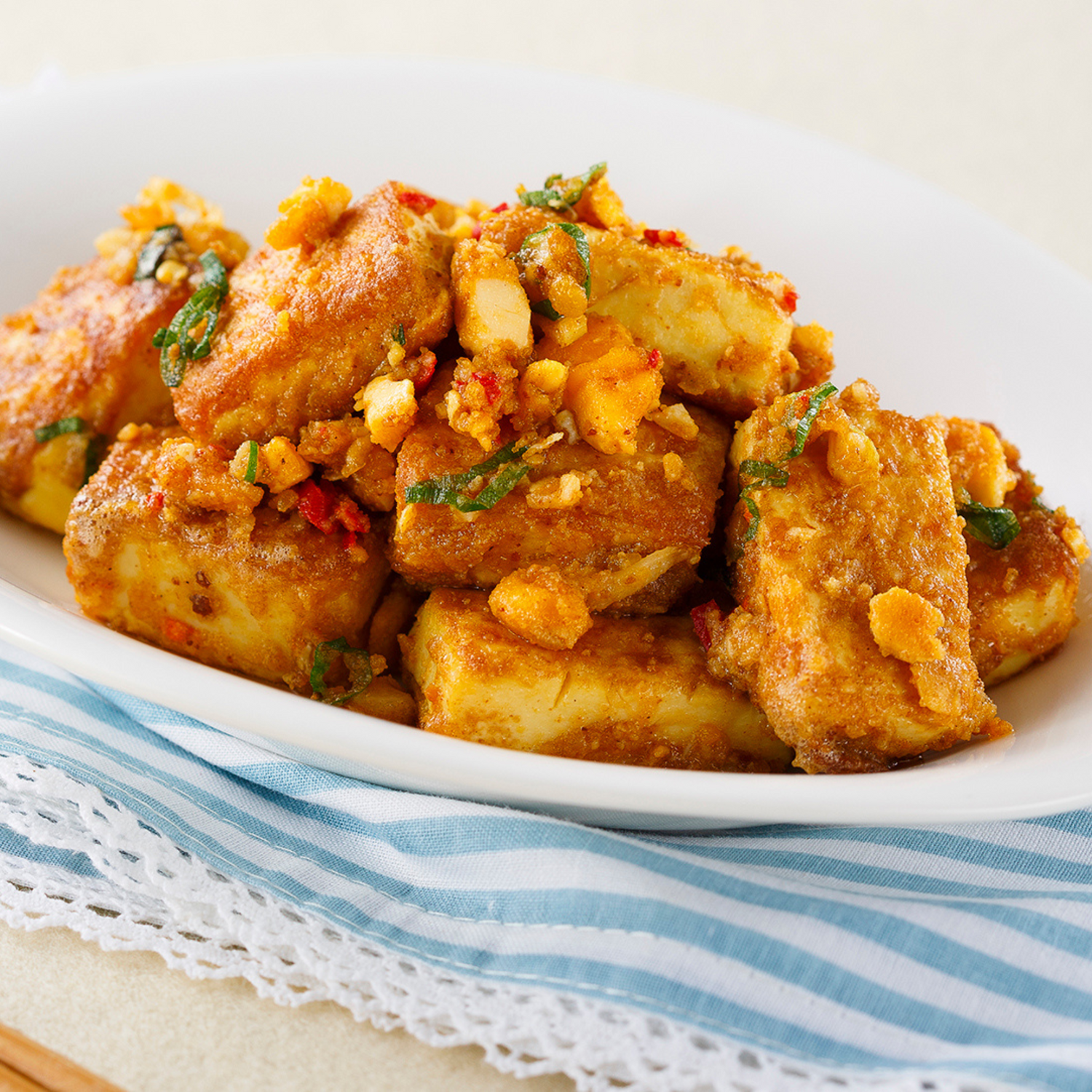 Golden Dust Tofu with Salted Egg Yolk Sauce